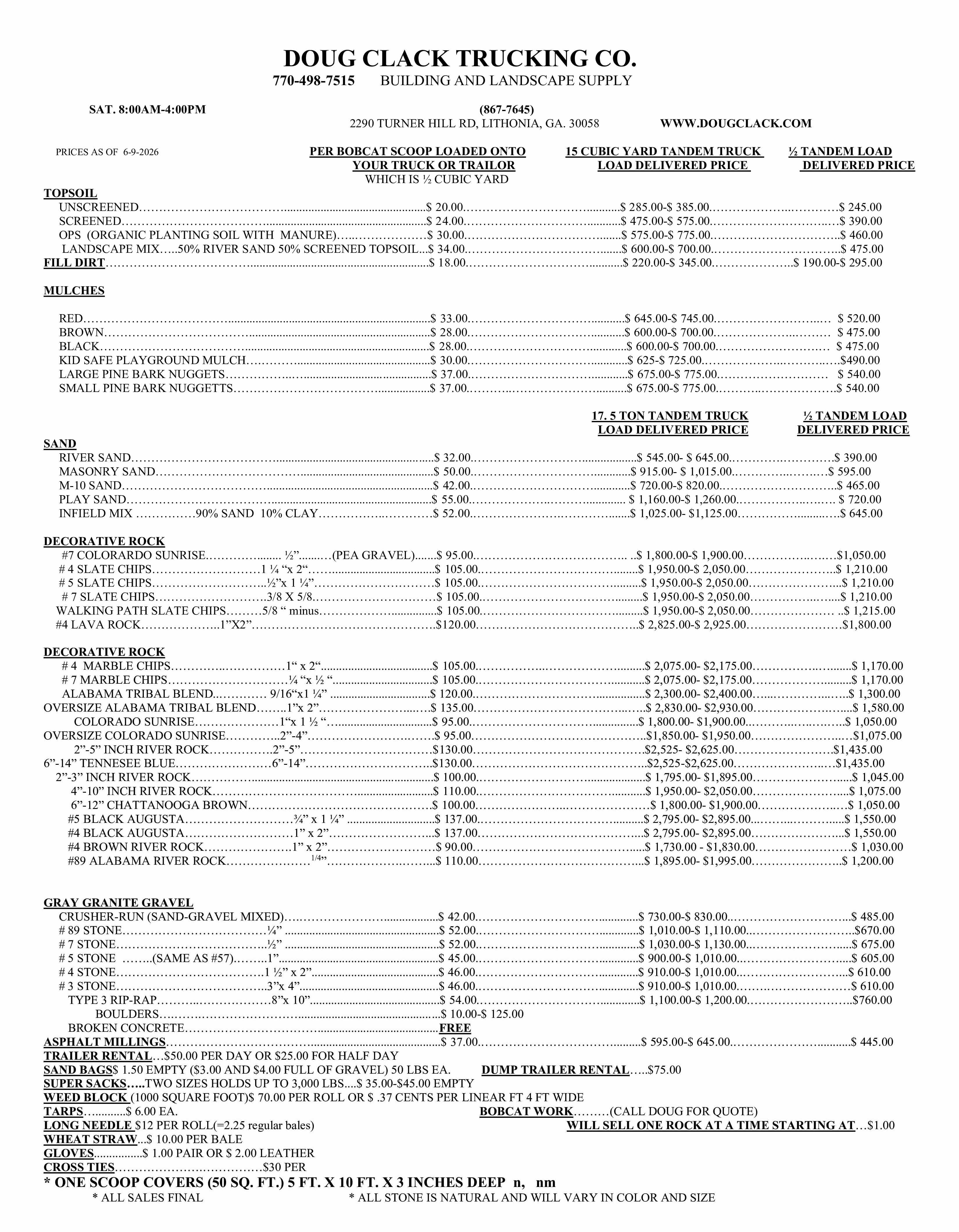 doug clack trucking co pricelist
